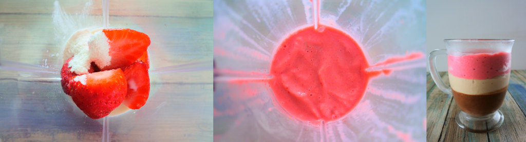 A composite image of the strawberry layer of the 6-Ingredient Neapolitan Milkshake