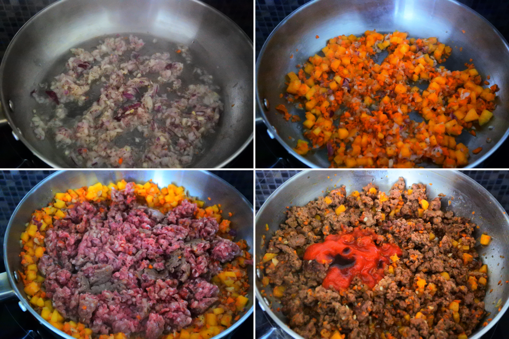 A composite image of meat filling for zucchini boats being made