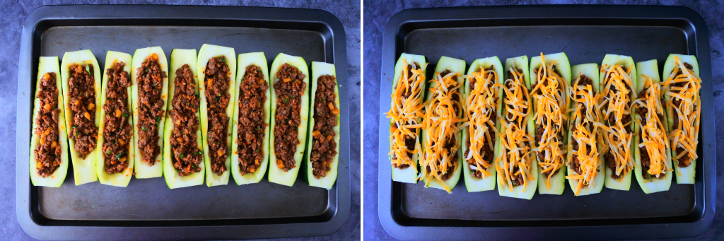 An composite image of zucchini boats next to each other on a tray before and after being topped with cheese