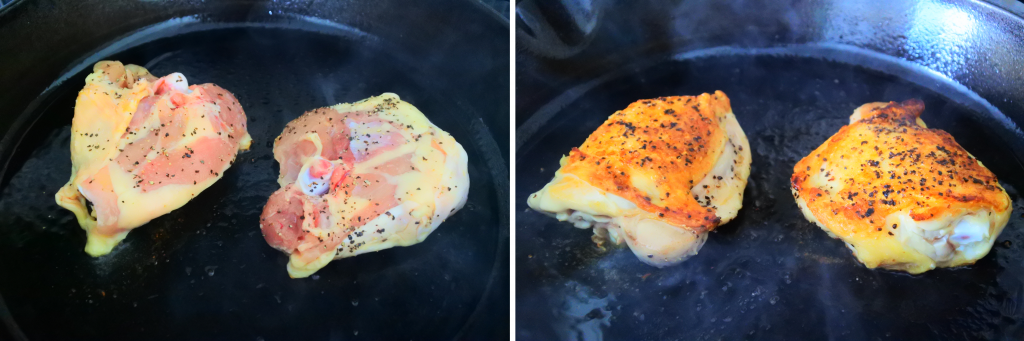 A composite image of salt and pepper chicken being browned and cooked in a pan