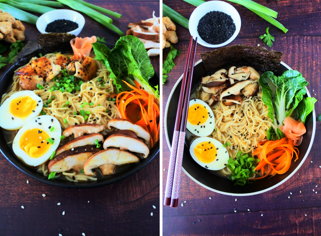 A composite image of two bowls of ramen