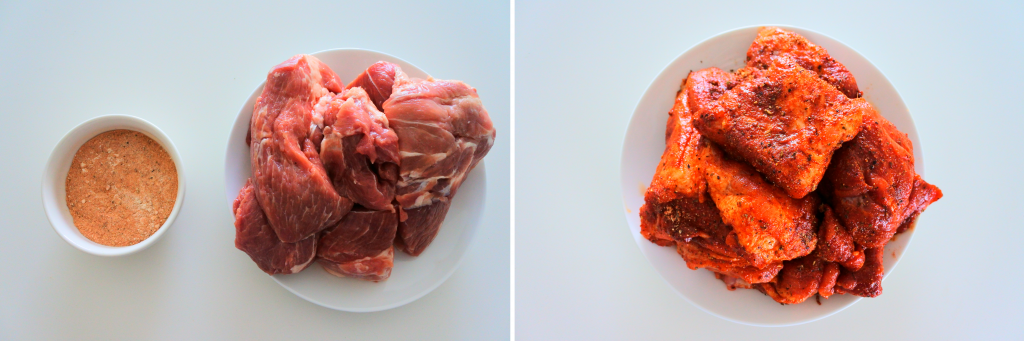 A composite image of large pork chunks next to a bowl of blended together herbs and spices for a rub and an image of the pork chunks with the rub on it.