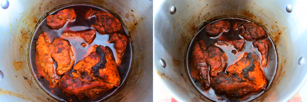 A composite image of seared and oven roasted pork after being covered and slow roasted, and after being uncovered and slow roasted another hour