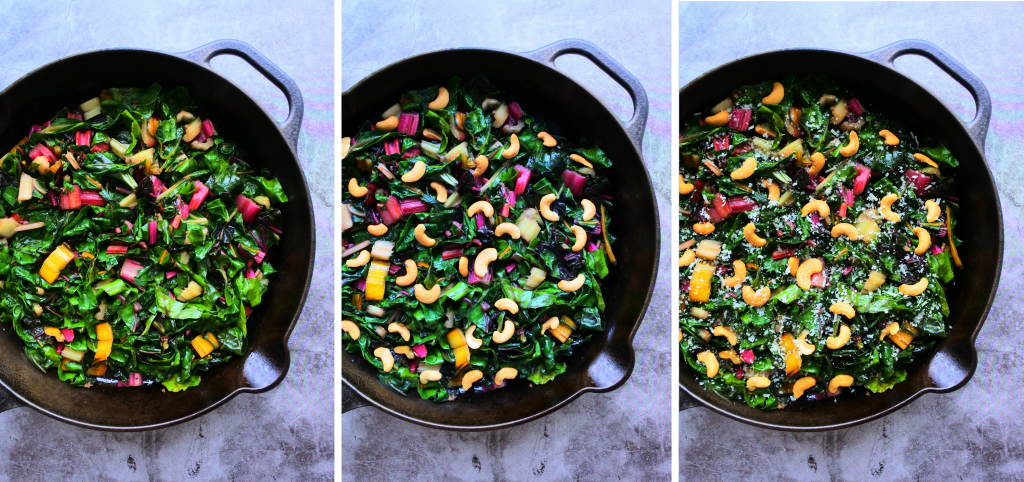 A composite image of rainbow swiss chard sauteed in a pan and being dressed with cashews and shredded cheese
