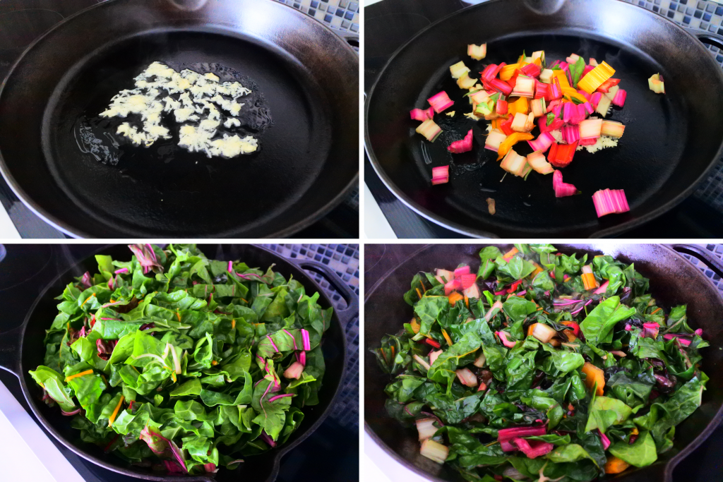 A composite image of a skillet with garlic being fried in oil and the various stages of chopped chard being sauteed and cooked down