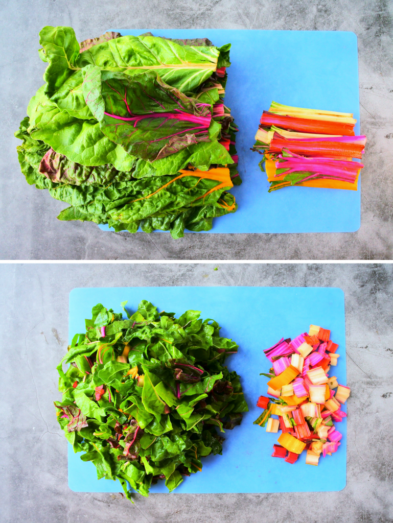 A composite image of a bundle of rainbow chard being chopped