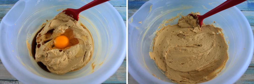 A composite image of creamed butter, sugar and molasses with an egg and vanilla extract