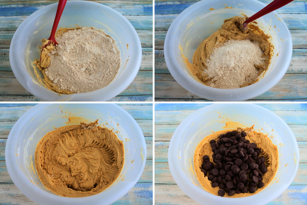 A composite image of the wet and dry ingredients for a cookie dough being combined in a bowl and topped with dark chocolate chips
