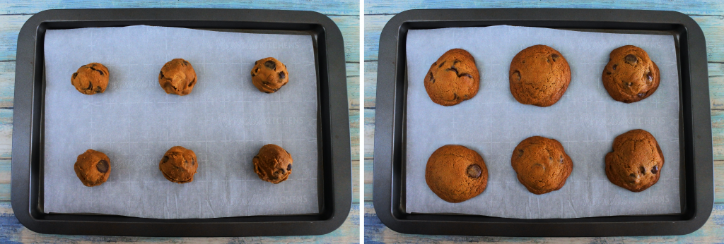 A composite image of a tray of half a dozen chocolate chip cookies before and after being baked