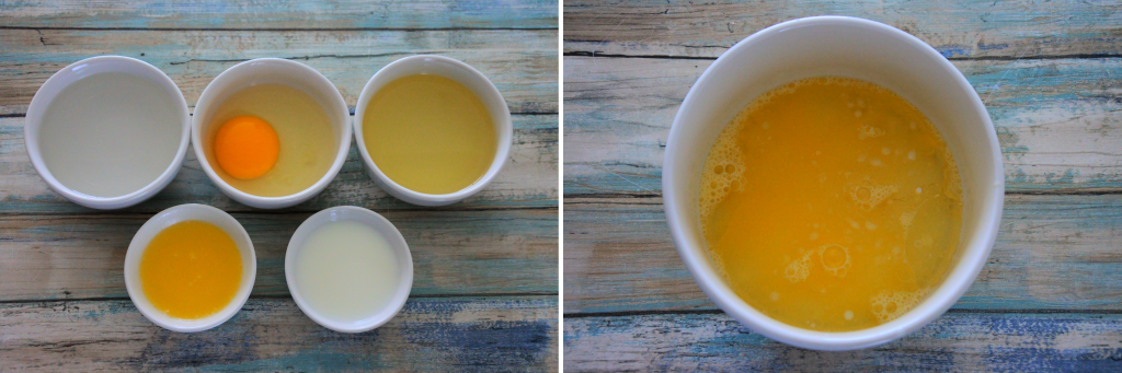 A composite image of wet ingredients before and after being combined for dinner roll dough
