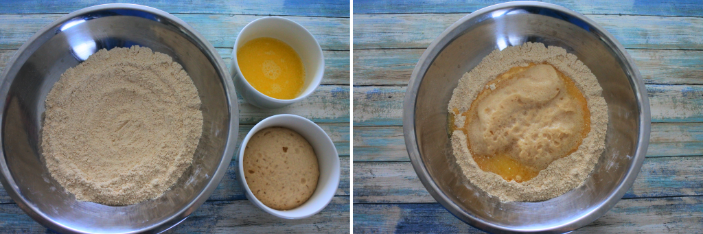A composite image of wet ingredients being added to dry ingredients for dinner rolls