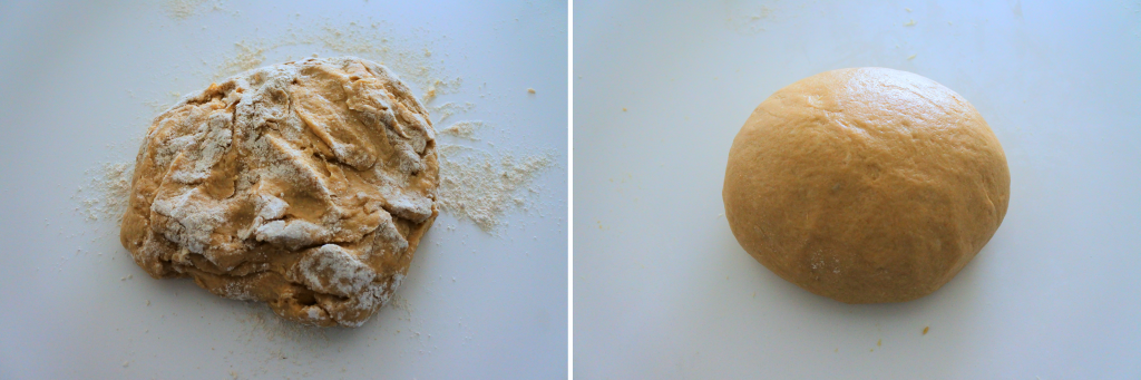 A composite image of dough for dinner rolls before and after being kneaded