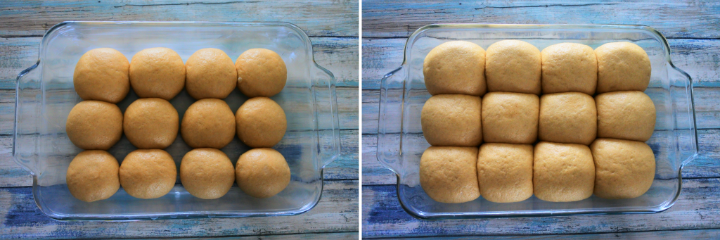 A composite image of dinner rolls before and after proofing
