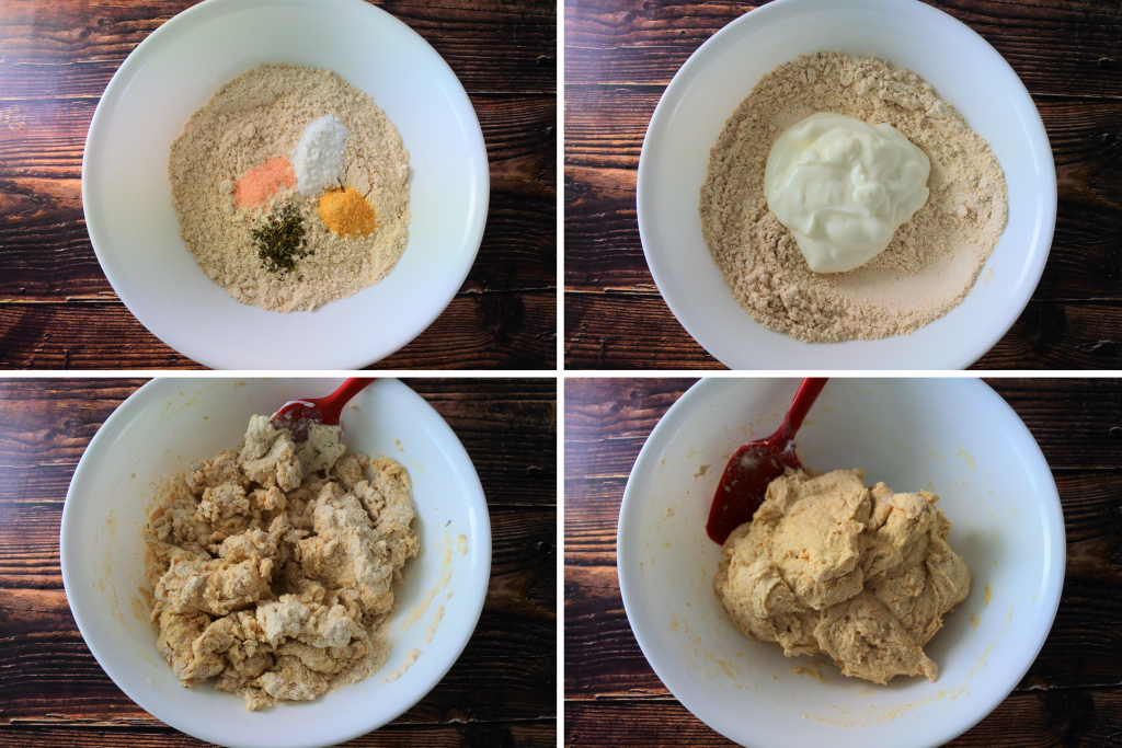 A composite image of ingredients for a simple ten minute whole wheat flatbread being mixed together into a dough