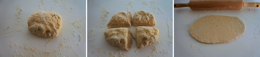 A composite image of dough for a simple whole wheat flatbread being divided and one portion being rolled out.
