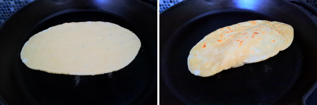 A composite image of a simple whole wheat flatbread being cooked in a cast iron skillet