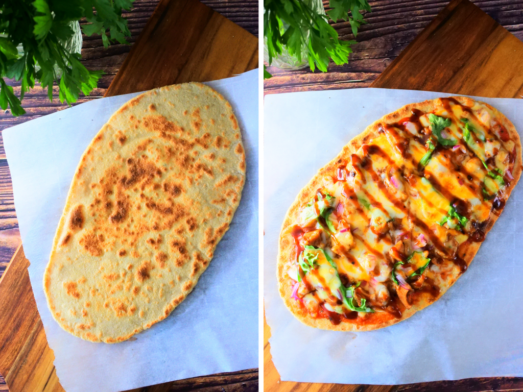 A composite image of a simple whole wheat flatbread before and after being topped with ingredients for pizza
