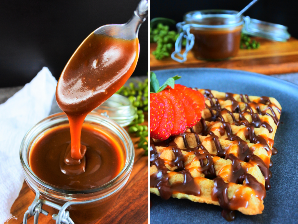 A composite image of a jar of salted caramel being dripped off a spoon and a dark chocolate and salted caramel drizzled waffle topped with a sliced strawberry