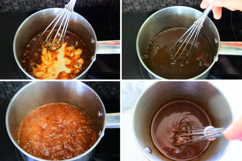 A composite image showing milk being added to a salted caramel and the caramel cooked down until thick.