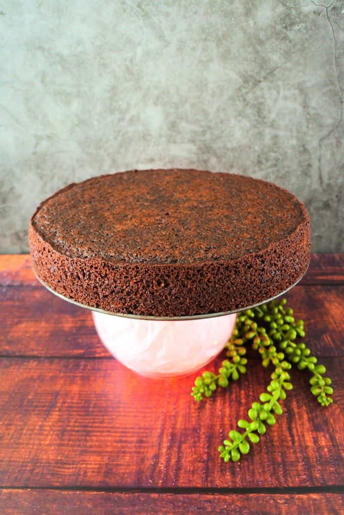 A head on image of an almond flour chocolate cake on a cake stand