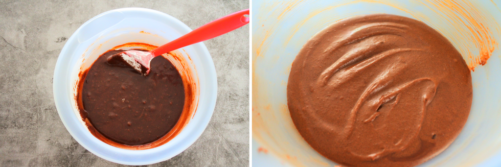 A composite image of chocolate frosting before and after being whipped