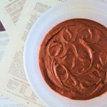An overhead image of a bowl of chocolate frosting on scattered sheets of recipe pages