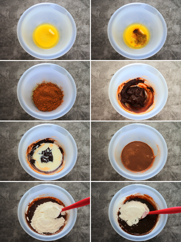 A composite image showing ingredients being combined for a chocolate frosting