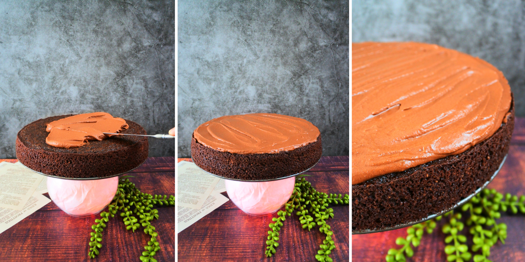 A composite image showing a cake being frosted and a close up of the frosting