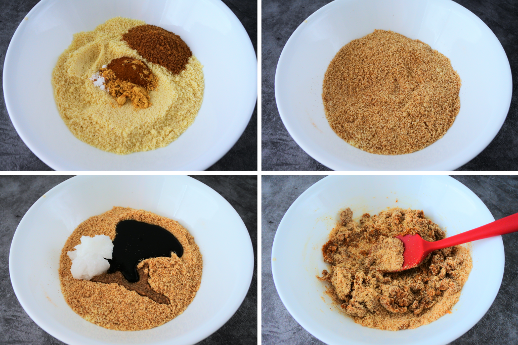 A composite image of all ingredients for a gingersnap cookie dough being added into a bowl and mixed together