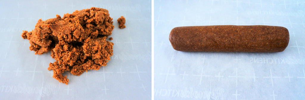 A composite image of gingersnap cookie dough mixed and then shaped into a log