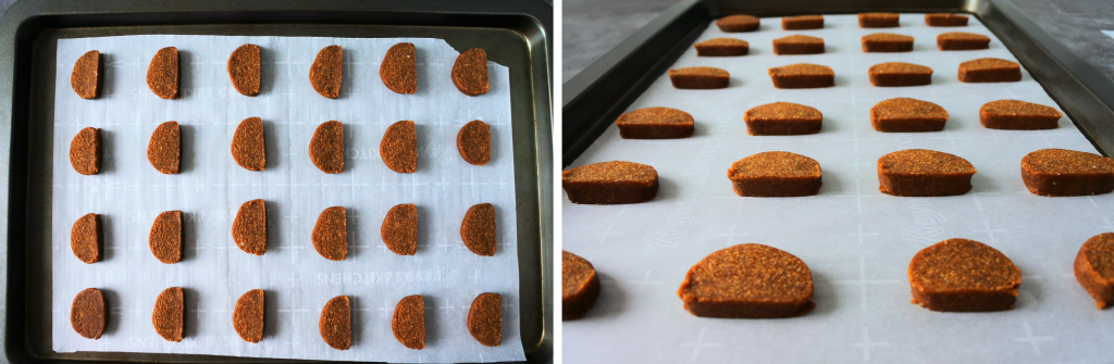 A composite image of rounds of gingersnap cookie dough slices arranged on a tray just before being baked