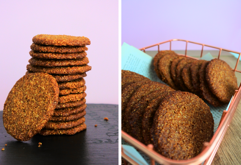 A composite image of gluten-free gingersnap cookies in a stack and in a basket