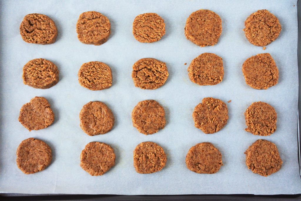 An overhead image of rounds of gingerbread cookie dough slices arranged onto a baking tray lined with parchment paper.