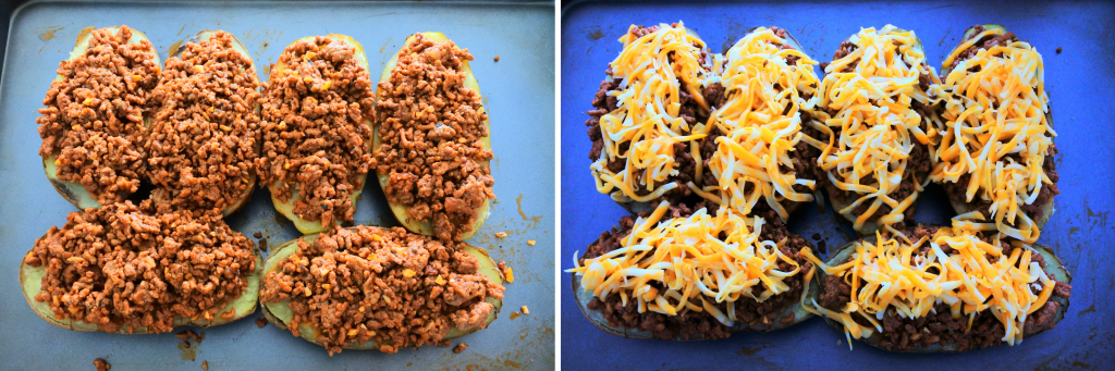 An overhead image of a tray of halved potatoes topped with cooked and seasoned ground beef and shredded cheese