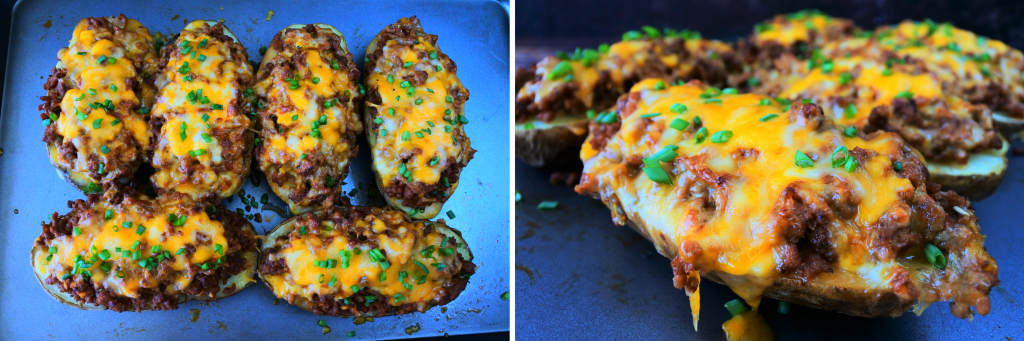 An composite image of a tray with six stuffed and meat loaded cheesy potatoes topped with chives