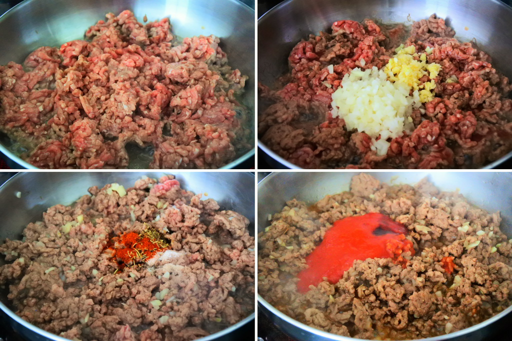 A composite image showing ground beef being cooked and various herbs and spices being added in.