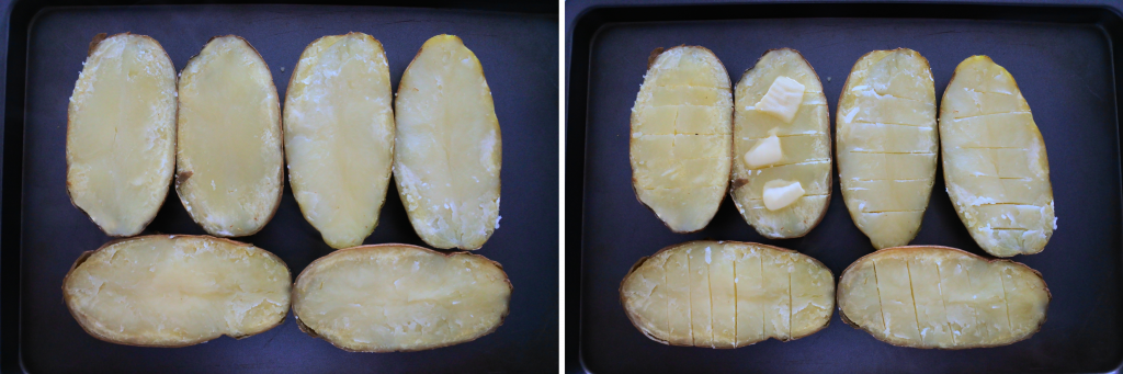 An overhead composite image of boiled and halved potatoes on a tray which are then scored and rubbed with butter
