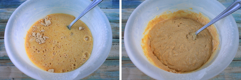 A composite overhead image of whole wheat buttermilk pancake batter being mixed together
