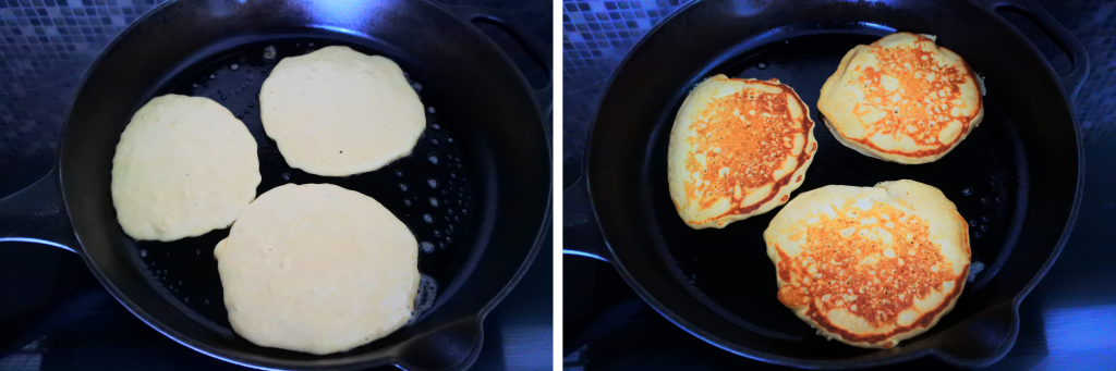 A composite overhead image of a skillet with three buttermilk pancakes being poured and cooked