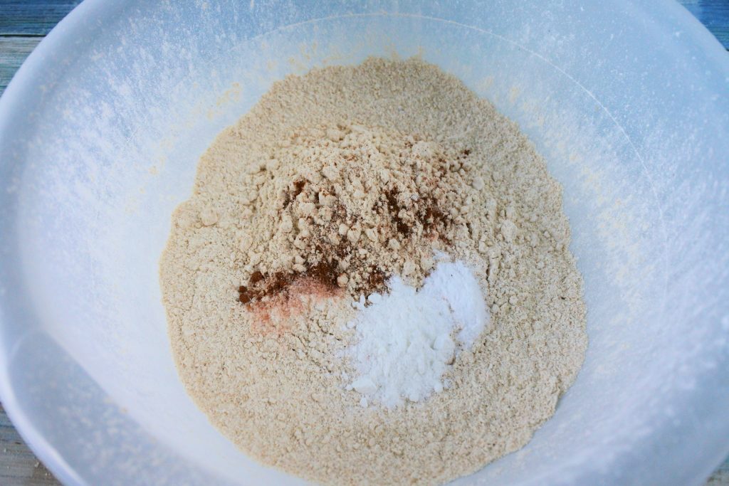 An overhead image of a bowl of dry ingredients for whole wheat buttermilk pancakes