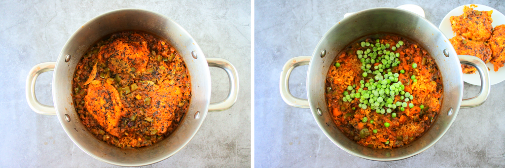 A composite image of arroz con pollo after being baked/simmered with the chicken removed and frozen peas added in