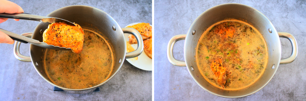 A composite image of browned chicken being nestled into a pot of simmering ingredients for arroz con pollo