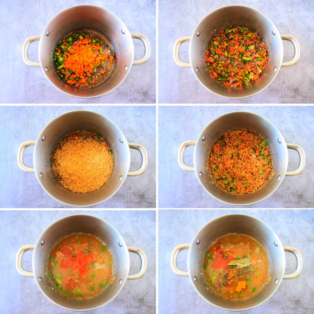 A composite image of ingredients being added to a pot for arroz con pollo