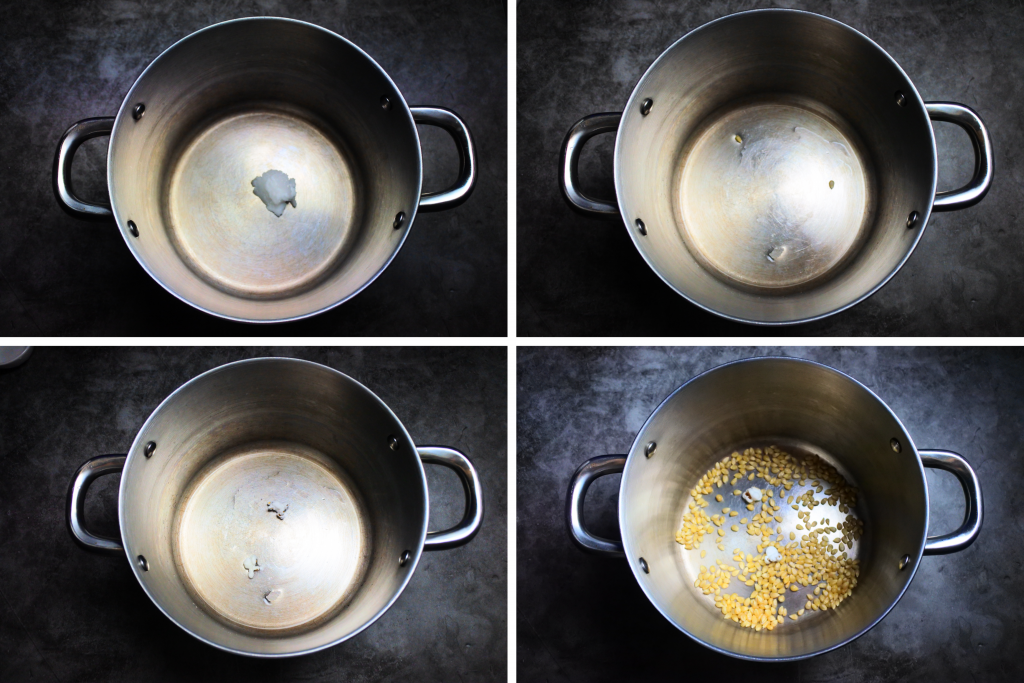 A composite overhead image of popcorn being popped in oil in a pot