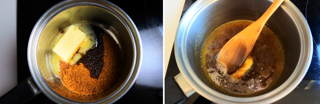 A composite image of ingredients for a caramel in a pot being slowly melted together