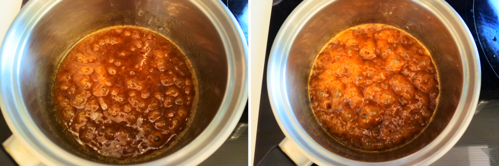 A composite image of caramel simmering in a pot