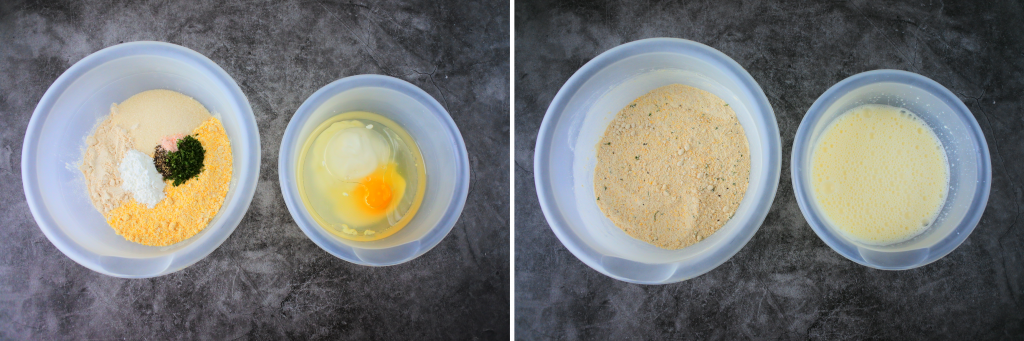 A composite image of two bowls of wet and dry ingredients being mixed