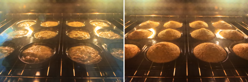 A composite image of cornbread muffins baking in the oven.