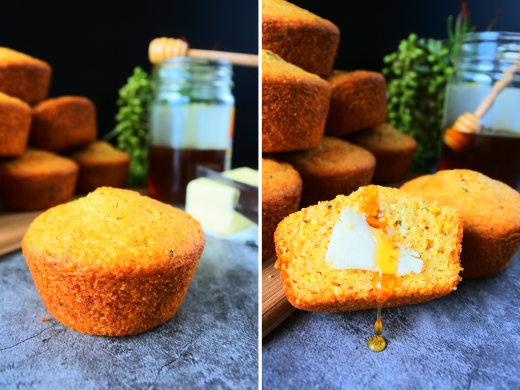 a composite image of a cornbread muffin being sliced and topped with butter and honey