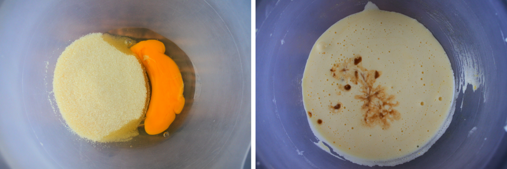 A composite overhead image of a bowl with sugar and eggs being whipped together until thick with vanilla added in